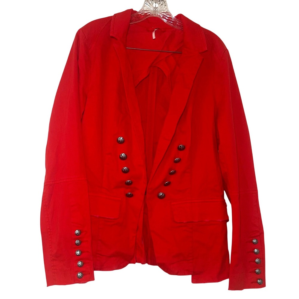 Free People Red Military Crest Button Distressed Blazer OB423238 L preppy
